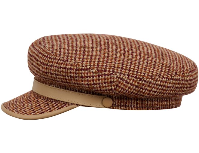 La gorra muy estilosa Islay de tipo Maciejowka hecha a mano en Polonia de Harris Tweed y cuero natural